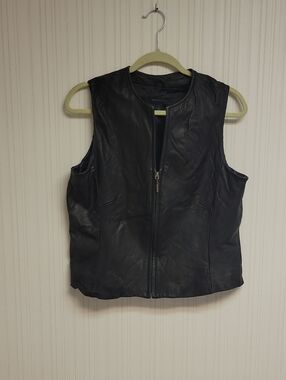 Siena Studio Black Leather Zip-Front Sleeveless Vest Women's Large Bikercore